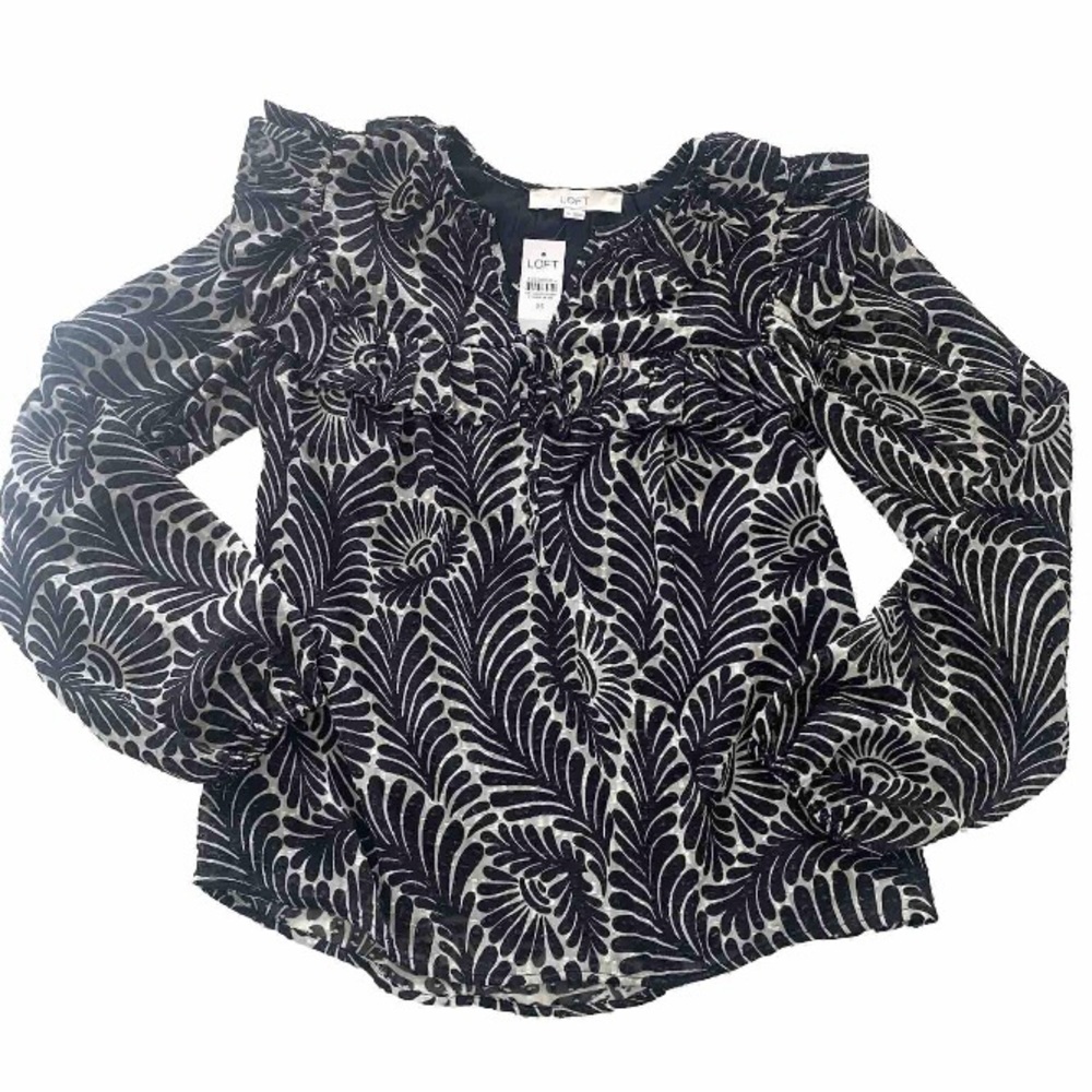 LOFT New! Sz XS Black White Leaf Print Peasant Blouse Ruffle Sheer Shirt Floral
